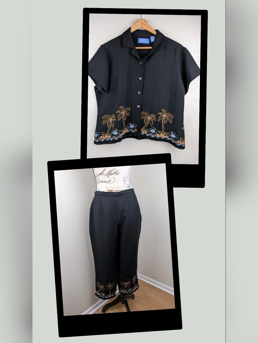 2pc Black Embroidered Palm Top With Pants Large/12 Resort Cruise Heritage